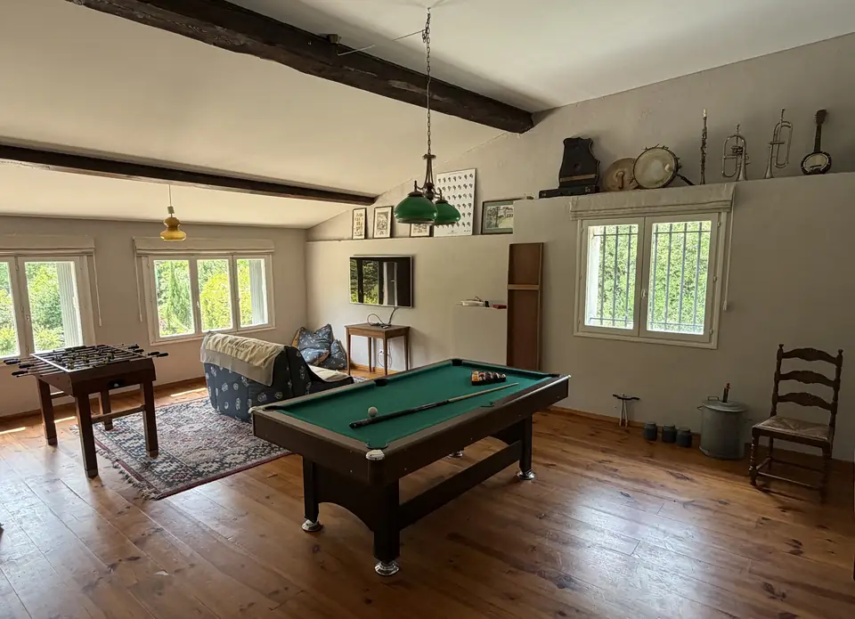 De speelkamer: een pooltafel en een tafelvoetbalspel op de houten vloer, een bank en ramen met uitzicht op het groen.